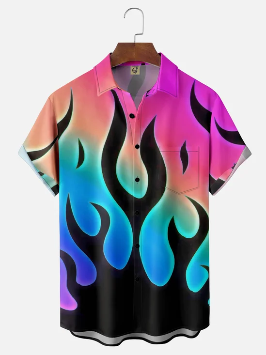 Moisture Wicking Abstract Gradient Flames Chest Pocket Hawaiian Shirt