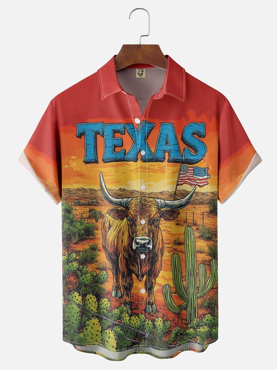 Moisture-wicking Western Texas Cattle Chest Pocket Casual Shirt