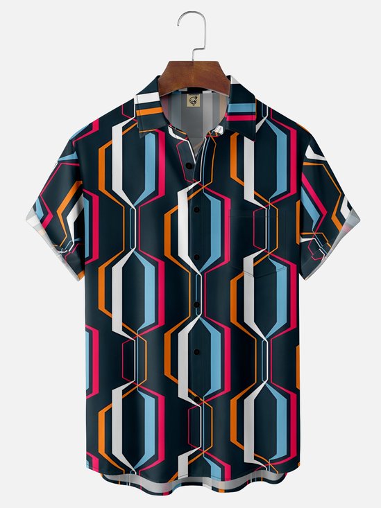 Moisture-wicking Geometric Abstract Stripes Chest Pocket Casual Shirt