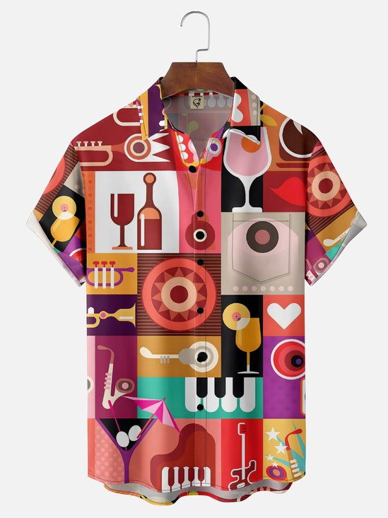 Moisture Wicking Geometric Color Block Cocktail Glass Chest Pocket Hawaiian Shirt