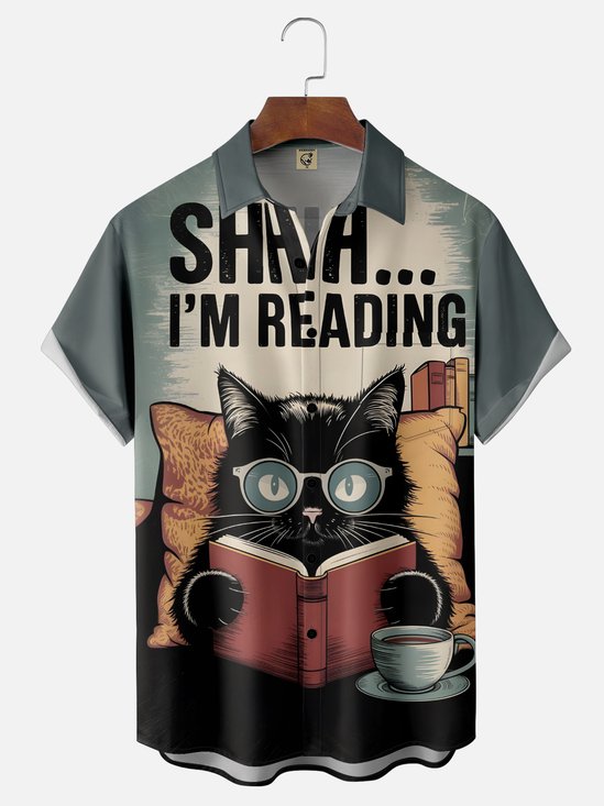 Moisture-wicking Black Cat Reading Chest Pocket Casual Shirt