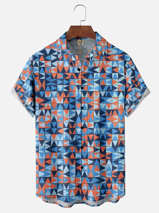Moisture Wicking Art Geometric Color Block Chest Pocket Hawaiian Shirt