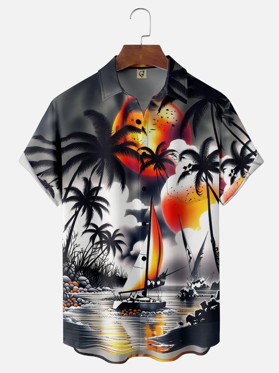 Moisture Wicking Abstract Coconut Tree Chest Pocket Hawaiian Shirt
