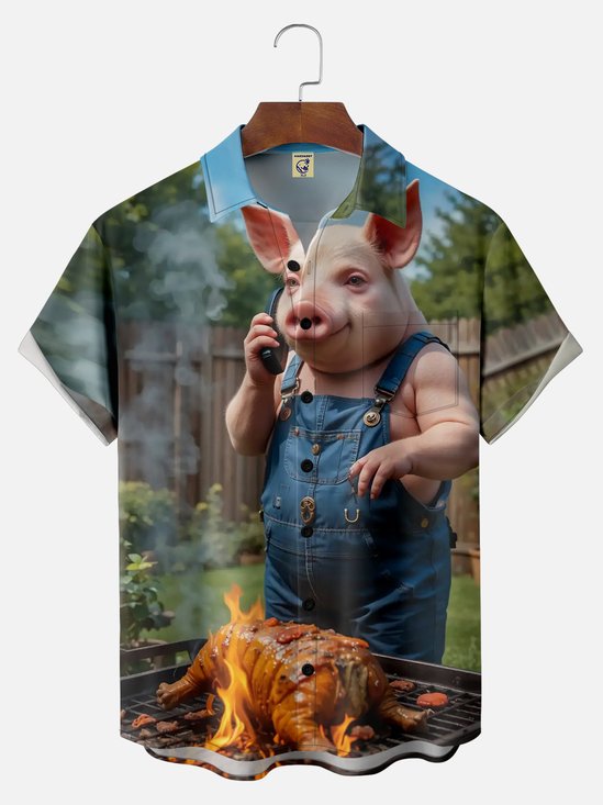Big Size Moisture-wicking BBQ Party Pig Chest Pocket Casual Shirt