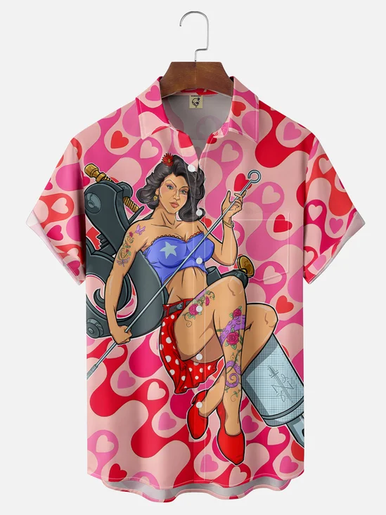Hardaddy x John Nelson Moisture-wicking Vintage Nurse Art Illustration Chest Pocket Hawaiian Shirt