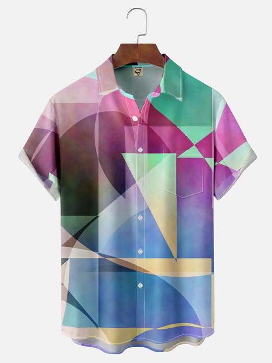 Moisture Wicking Geometric Color Blocking Wine Glass Chest Pocket Hawaiian Shirt