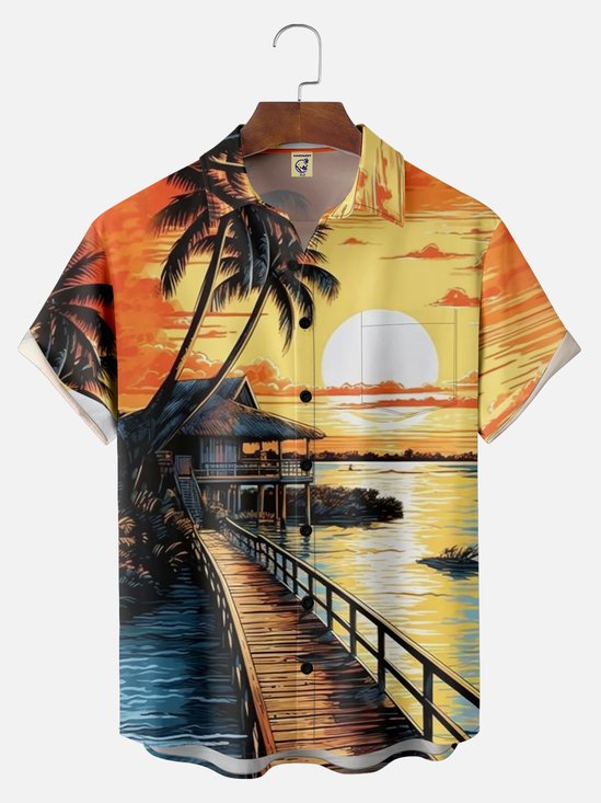 Big Size Moisture-wicking Sunset Gold Beach Chest Pocket Hawaiian Shirt