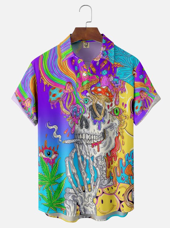 Moisture-wicking Art Pop Music Hippie Skull Chest Pocket Casual Shirt