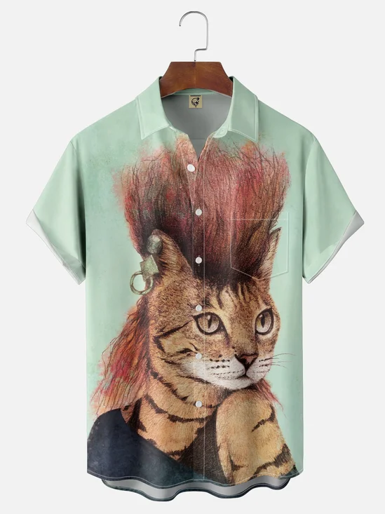 Hardaddy X Mikekoubou Moisture-wicking Punk Cat Chest Pocket Hawaiian Shirt