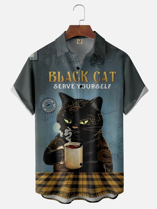 Moisture-wicking Black Cat Serve Yourself Chest Pocket Casual Shirt