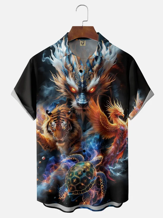 Moisture-wicking Tiger Dragon Phoenix Turtle Japanese Chest Pocket Hawaiian Shirt