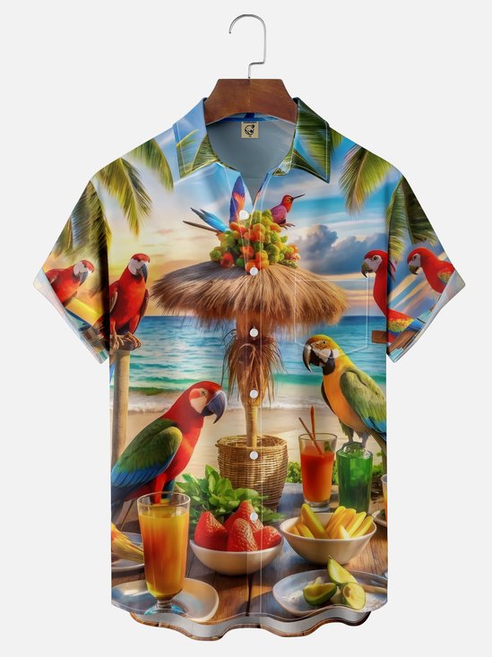 Moisture-wicking Funny Parrot Beach Party Chest Pocket Hawaiian Shirt