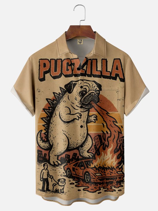Moisture Wicking Godzilla Pug Dog Chest Pocket Holiday Hawaiian Shirt