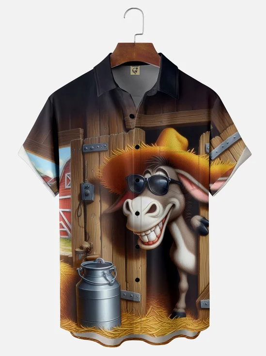 Moisture-wicking Funny Straw Hat Donkey Farm Chest Pocket Hawaiian Shirt
