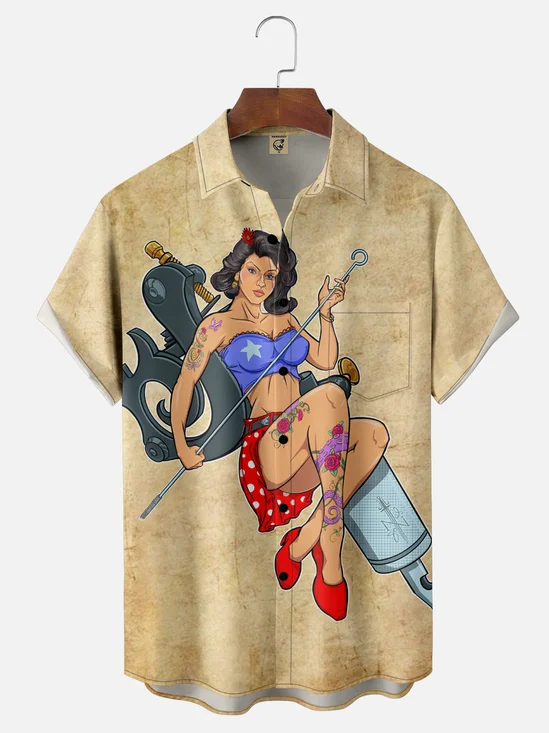 Hardaddy X John Nelson Moisture Wicking Vintage Tattoo Girl Chest Pocket Hawaiian Shirt