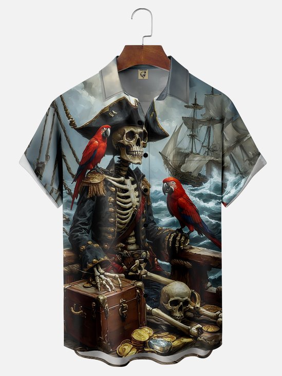 Moisture-wicking Ocean Skeleton Pirate Ship Chest Pocket Hawaiian Shirt