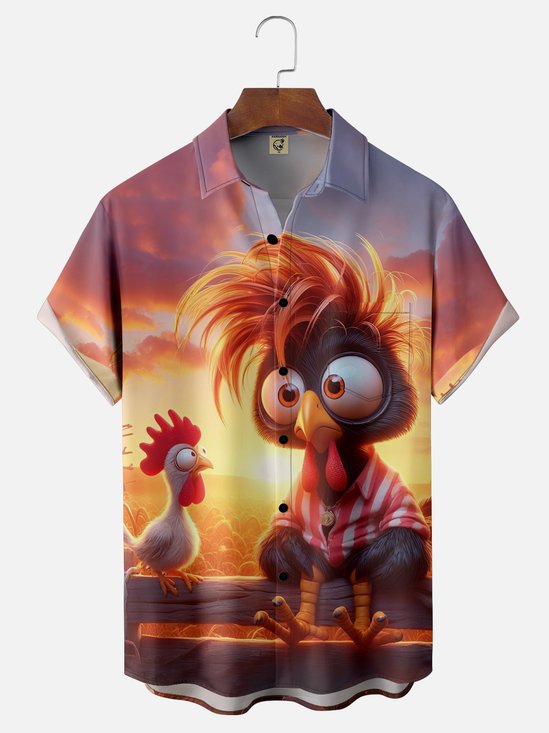 Moisture-wicking Funny Early Chicken Chest Pocket Hawaiian Shirt