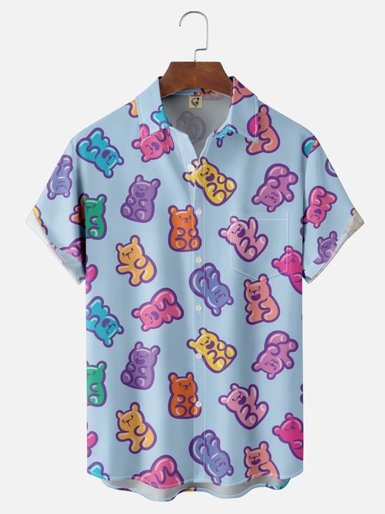 Moisture-wicking Cartoon Bear Chest Pocket Hawaiian Shirt