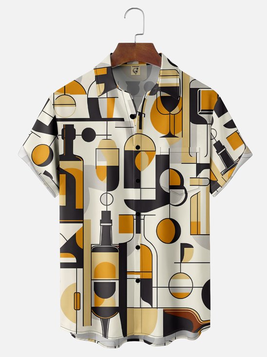 Moisture Wicking Abstract Geometric Wine Glass Chest Pocket Hawaiian Shirt