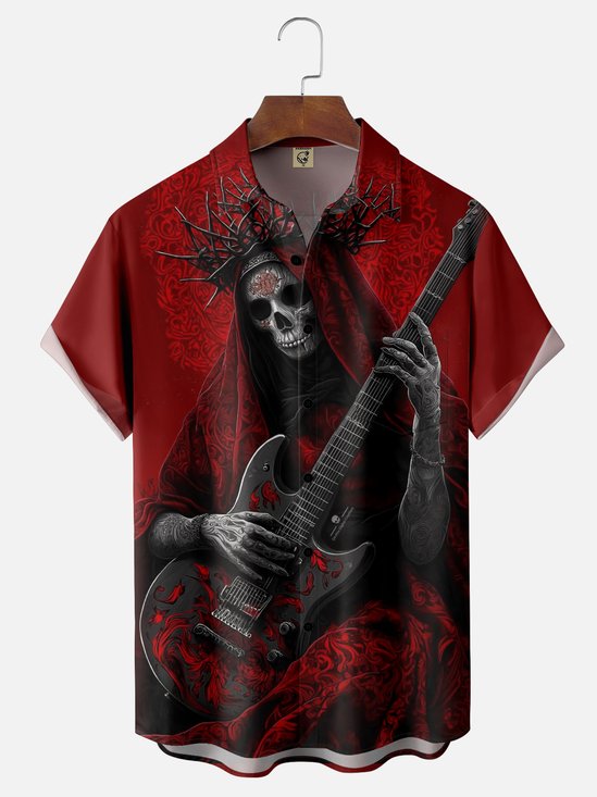 Moisture-wicking Music Rock Roll Skull Guitar Chest Pocket Casual Shirt