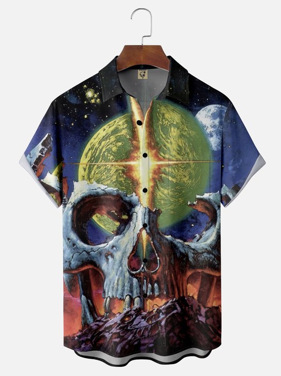 Moisture-wicking Art Skull Planet Chest Pocket Casual Shirt
