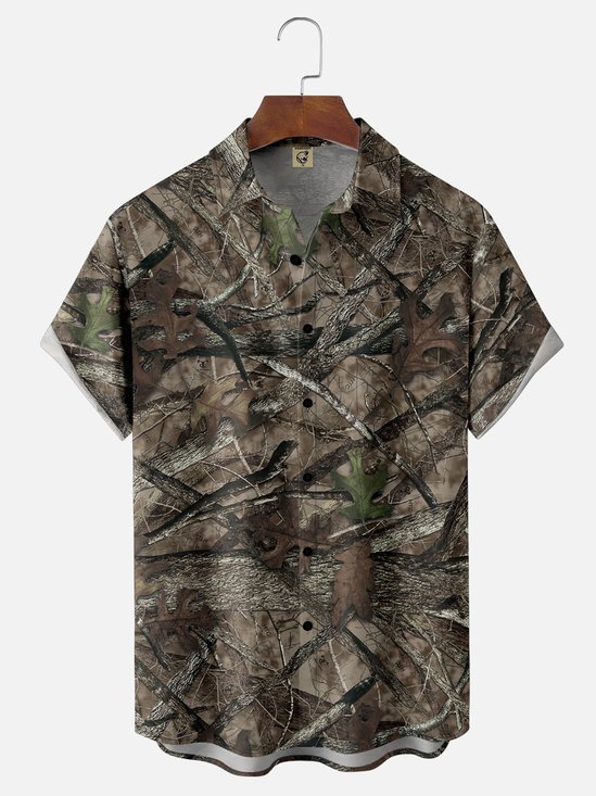 Moisture Wicking Leaves Camouflage Chest Pocket Hawaiian Shirt