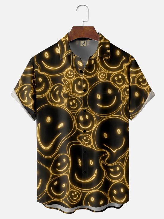 Moisture Wicking Abstract Smiley Face Chest Pocket Hawaiian Shirt