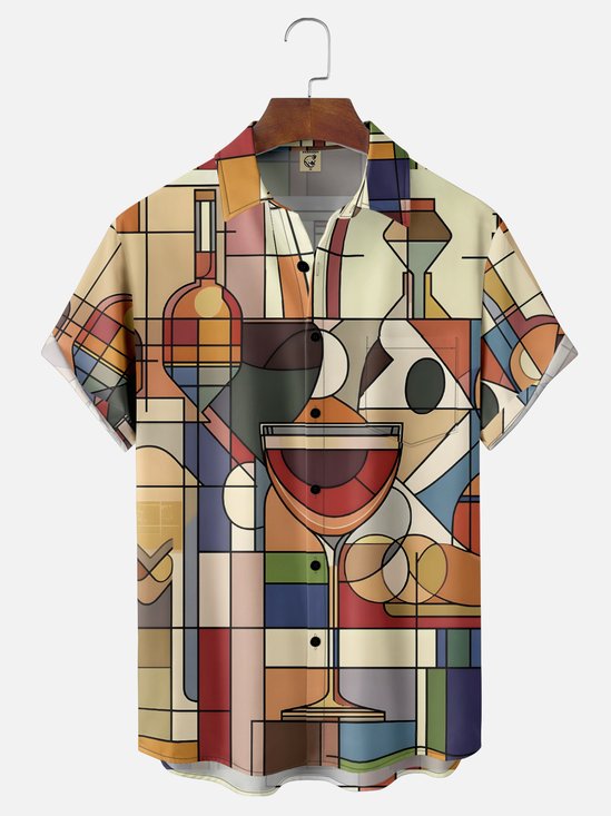 Moisture Wicking Geometric Color Block Wine Glass Chest Pocket Hawaiian Shirt