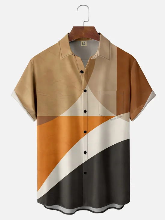 Moisture-Wicking Geometric Colorblock Chest Pocket Hawaiian Shirt