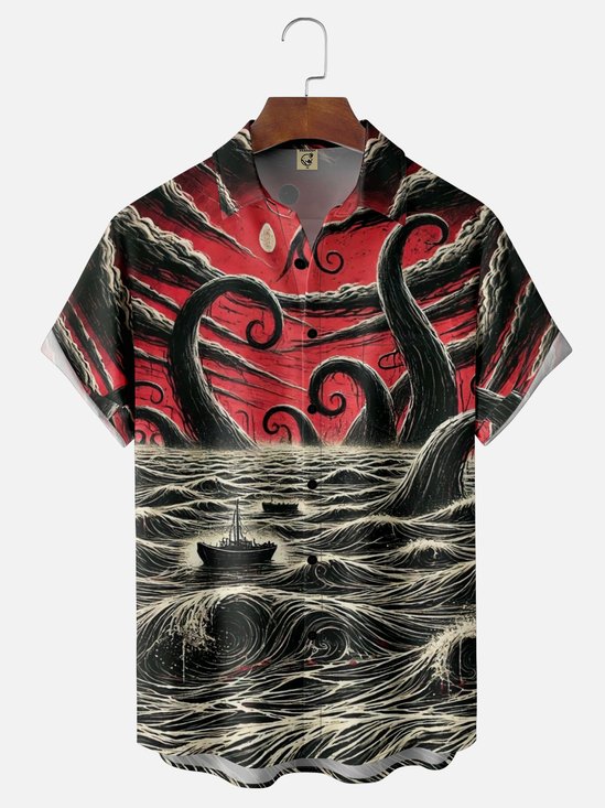 Moisture-wicking Ocean Cthulhu Sailboat Chest Pocket Hawaiian Shirt