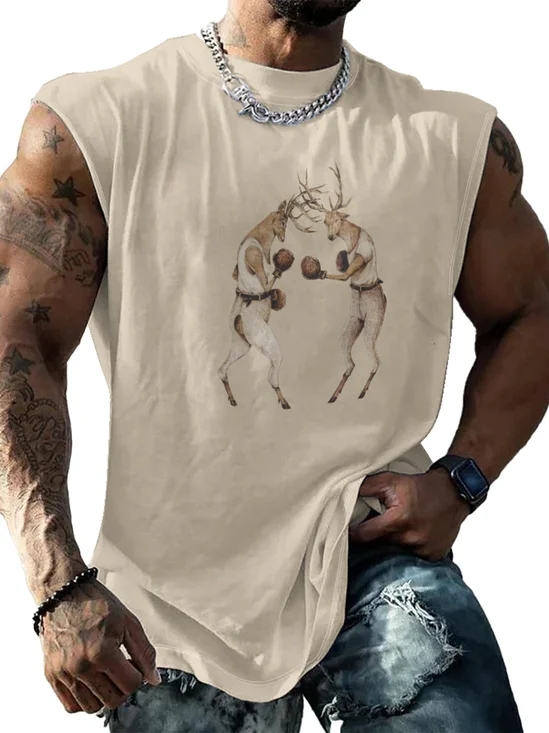 Hardaddy X Mikekoubou Mens Crewneck Tank Tops Reindeer Boxing Beach Sleeveless Shirt