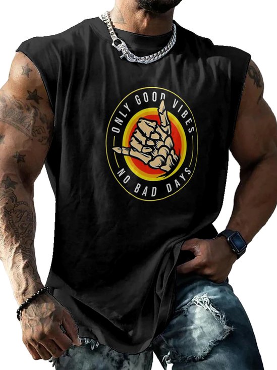 Mens Crewneck Tank Tops Good Vibes Rock Skull Beach Sleeveless Shirt