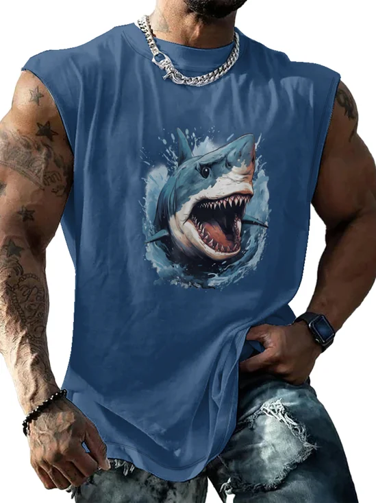 Mens Crewneck Tank Tops Shark Beach Sleeveless Shirt