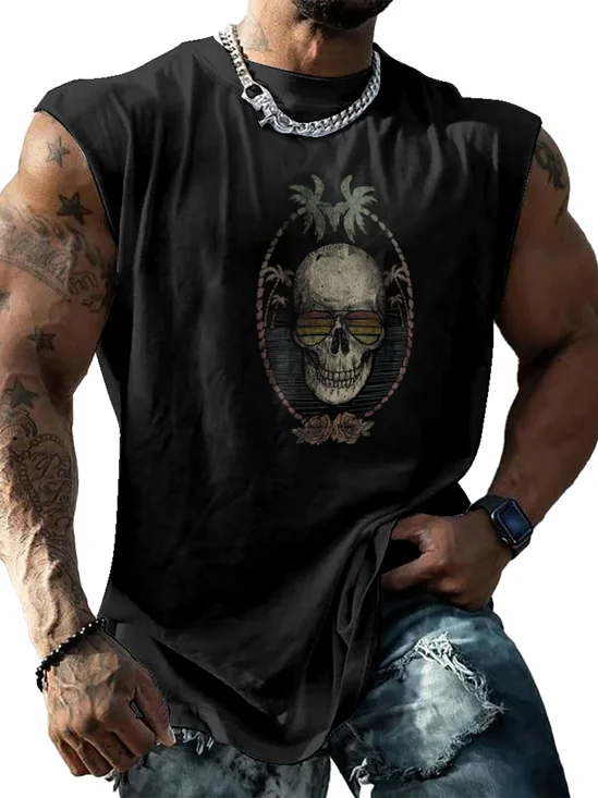 Hardaddy X Mikekoubou Mens Crewneck Tank Tops Skull Palm Beach Sleeveless Shirt