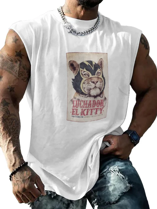 Hardaddy X Mikekoubou Mens Crewneck Tank Tops Mexican Lucha Libre Kitty Beach Sleeveless Shirt