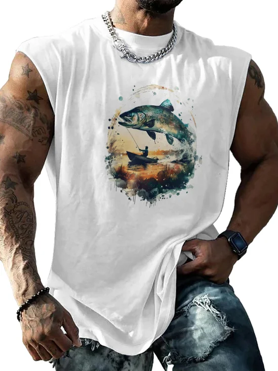 Mens Crewneck Tank Tops Fishing Beach Sleeveless Shirt