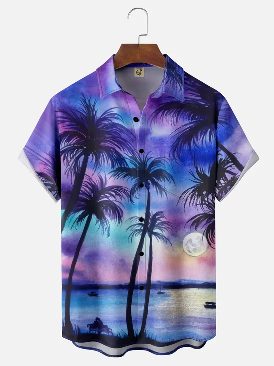 Mens Coconut Tree Sunset Print Casual Breathable Chest Pocket Short Sleeve Hawaiian Shirt