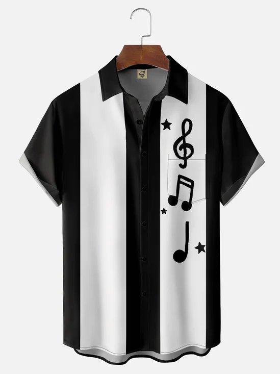 Mens Music Note Print Casual Breathable Loose Short Sleeve Bowling Shirts