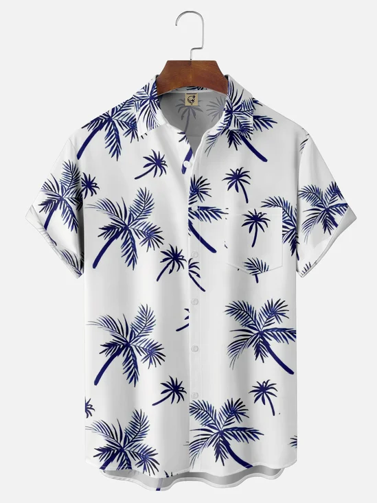 Mens Tropical Leaves Print Loose Chest Pocket Short Sleeve Hawaiian Shirt