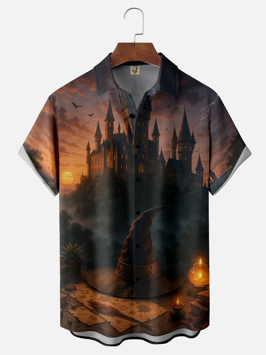 Moisture-wicking Magician Castle Fun Art Chest Pocket Casual Shirt