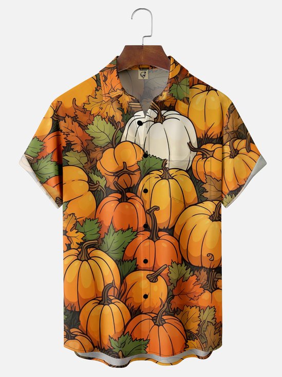 Moisture-wicking Autumn Harvest Pumpkin Chest Pocket Casual Shirt