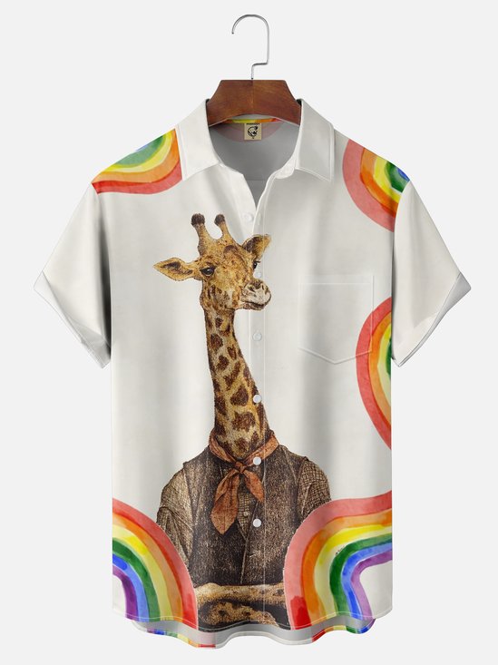 Hardaddy x Mikekoubou Moisture-wicking Funny Giraffe Rainbow Chest Pocket Hawaiian Shirt