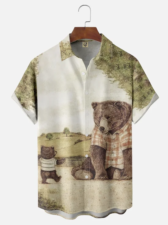 Hardaddy x Mikekoubou Moisture-wicking Funny Brown Bear Family Chest Pocket Hawaiian Shirt