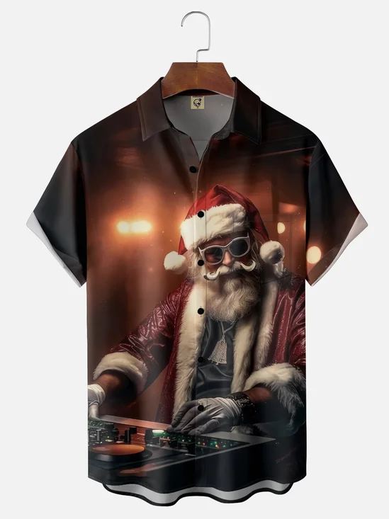 Moisture-wicking Fun Santa Music Festival Christmas Chest Pocket Casual Shirt