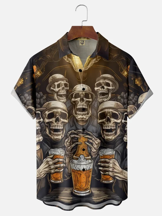 Moisture-wicking Oktoberfest Skeleton Beer Carnival Chest Pocket Casual Shirt