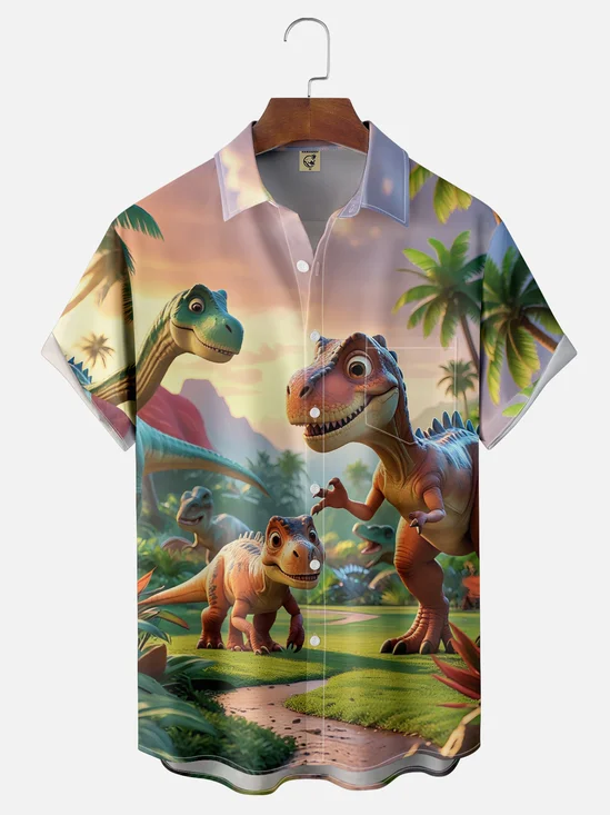 Moisture-wicking Jurassic Century Dinosaur Fun Chest Pocket Hawaiian Shirt