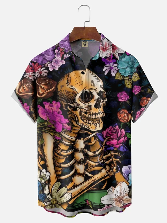 Moisture-wicking Cool Music Punk Skull Rose Chest Pocket Casual Shirt
