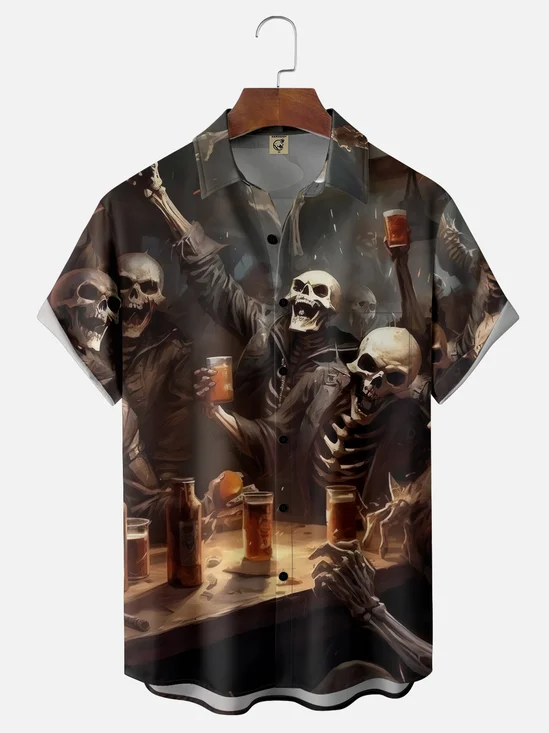 Moisture-wicking Oktoberfest Skeleton Beer Carnival Chest Pocket Casual Shirt