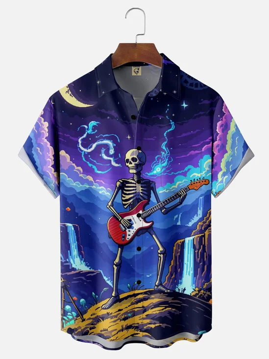 Moisture-wicking Cool Music Punk Skeleton Guitarist Chest Pocket Casual Shirt
