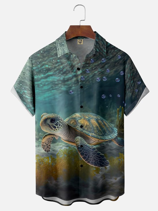 Moisture-wicking Fun Sea Turtle Ocean Art Chest Pocket Hawaiian Shirt